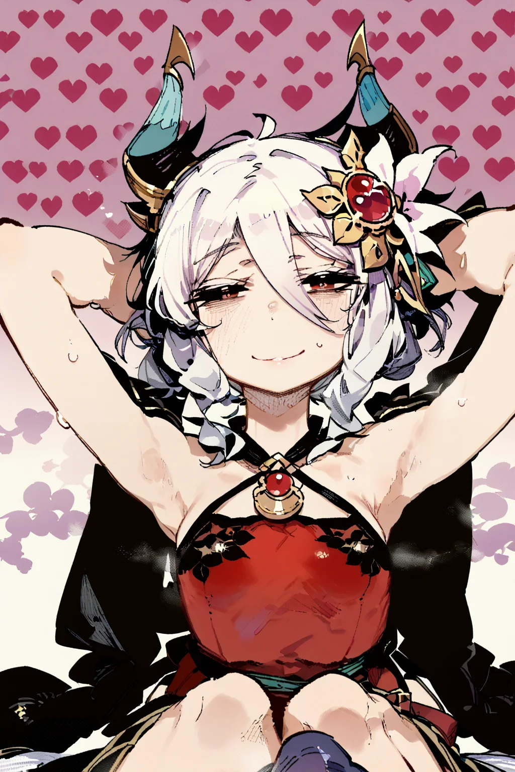 score_9, score_8_up, score_7_up, kokkoro \(princess connect!\), white hair, red eyes,, solo, solo focus, portrait, lavender background, Hands clasped behind the head, reclining, <lora:karasu_raven:1.8>âââ