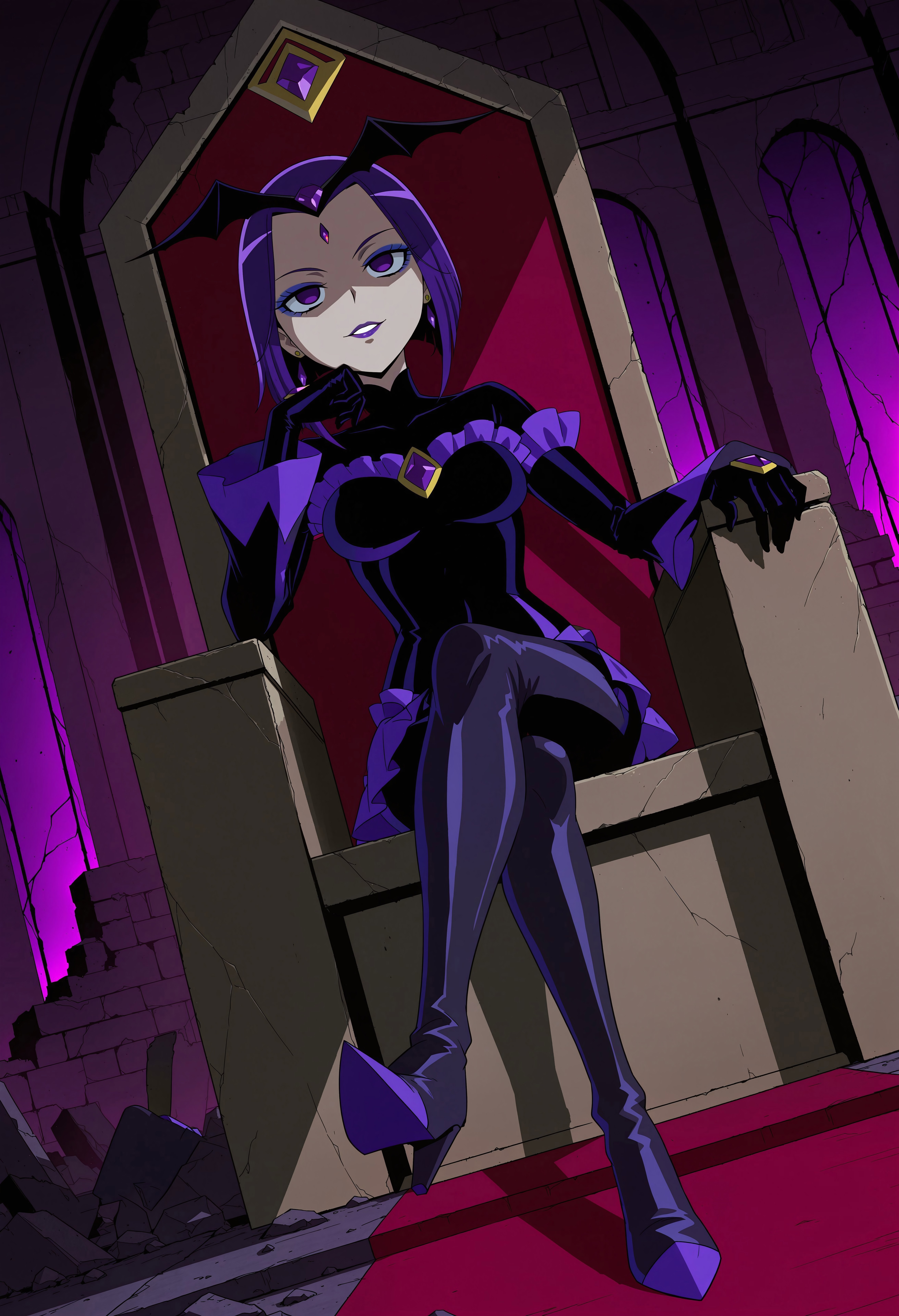 safe_pos, 1girl, Raven, purple eyes, purple hair, short hair, medium breasts, masterpiece, best quality, absurdres,
bad end precure, black bad end bodysuit, black bat headband, purple frills, purple miniskirt, flared sleeves, purple gem, latex bodysuit, gloves, black gloves, earrings, jewelry, skintight,
lipstick, eyeshadow, eyeliner, mascara, makeup,
indoors, ruins, ruined castle, throne room, evil throne, sitting, crossed legs, solo, full body, dutch angle,
mind control, empty eyes, corruption, evil smile, parted lips, hand on own chin, head rest