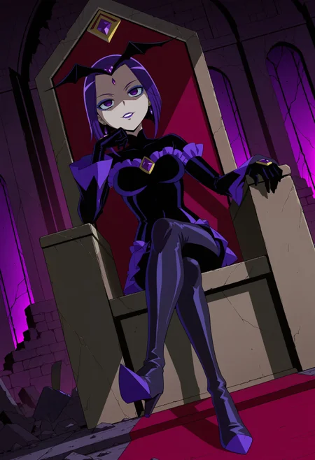 safe_pos, 1girl, Raven, purple eyes, purple hair, short hair, medium breasts, masterpiece, best quality, absurdres,
bad end precure, black bad end bodysuit, black bat headband, purple frills, purple miniskirt, flared sleeves, purple gem, latex bodysuit, gloves, black gloves, earrings, jewelry, skintight,
lipstick, eyeshadow, eyeliner, mascara, makeup,
indoors, ruins, ruined castle, throne room, evil throne, sitting, crossed legs, solo, full body, dutch angle,
mind control, empty eyes, corruption, evil smile, parted lips, hand on own chin, head rest