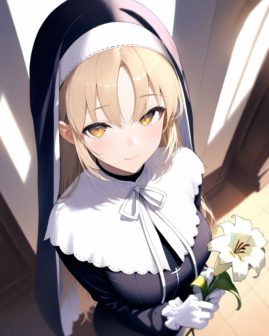 1girl,
SisterClaireNijisanji,
safe, perspective, from above, upper body,
nun, light smile,
breasts, white gloves, holding flower, white lily,
soft lighting, church,
depth of field,
<lora:kp_SisterClaireNijisanji1stCostumeAnimagineXL_v1_1:1.0>,
masterpiece, high score, great score, absurdres