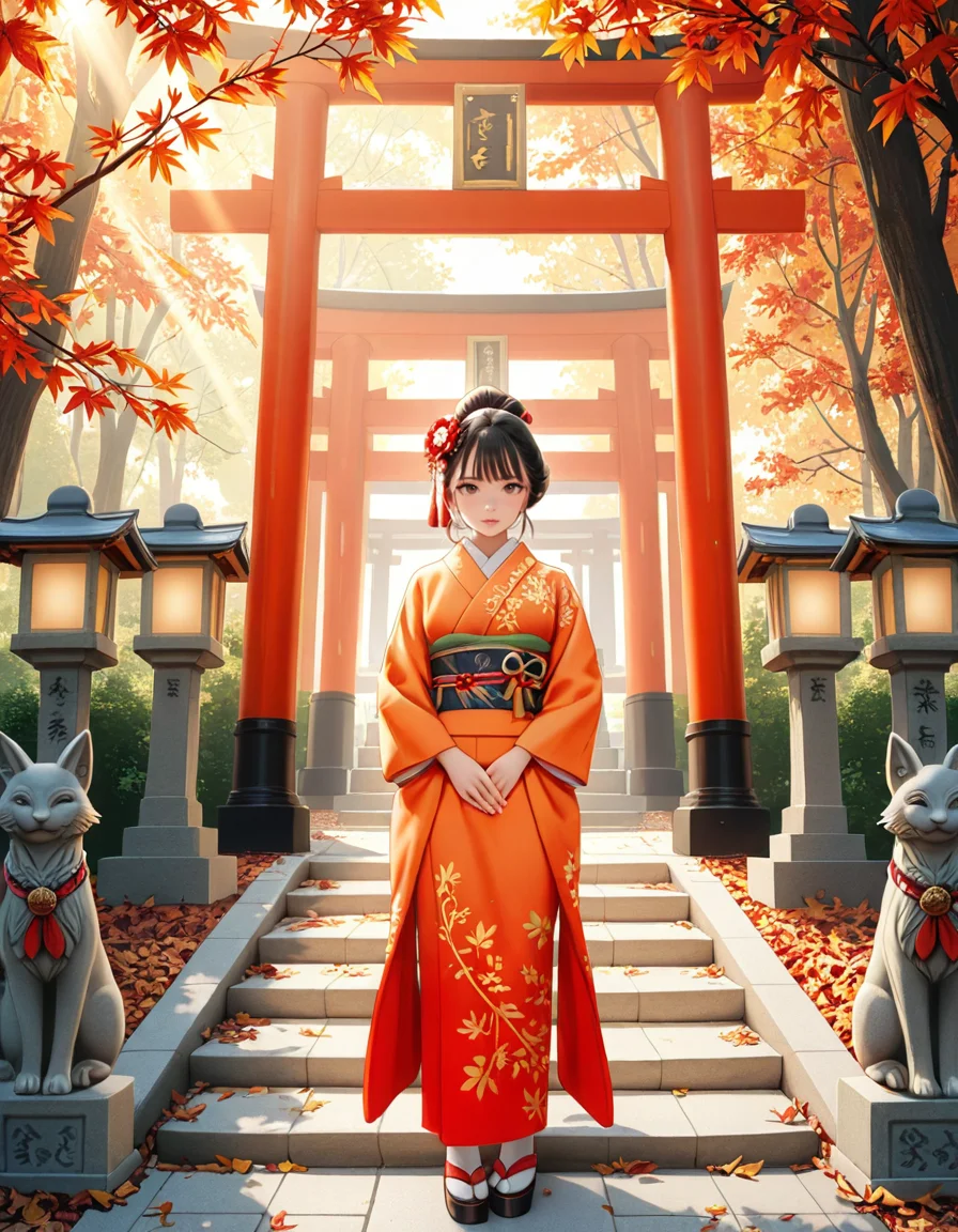 looking at viewer,A graceful Japanese woman standing in front of a traditional Inari shrine, wearing an elegant mauve kimono adorned with intricate floral patterns. Her dark hair is styled in a classic updo, decorated with delicate kanzashi hair ornaments. She has a serene and contemplative expression as she gazes towards the shrine. The scene is set in the late afternoon, with soft golden sunlight filtering through the vibrant red torii gates that create a tunnel leading to the shrine. The ground is covered with autumn leaves in warm shades of red, orange, and yellow. Stone fox statues, draped with sacred red bibs, guard the entrance, adding to the shrine's mystical aura. Traditional stone lanterns emit a soft, warm glow, enhancing the spiritual and tranquil ambiance. The background features lush greenery, contrasting with the shrineâs vivid vermillion hues. The image is in a photorealistic style, with high dynamic range lighting, capturing every intricate detail from the fabricâs texture to the play of light and shadows, evoking a sense of peace and tradition.
<lora:SDXLFaeTastic2400:0.4> <lora:extremely_detailed:0.4> extremely detailed, <lora:Inari_shr1n3:1>,Inari shr1n3, Masterpiece,best quality,hi res,8k,hi res,8k,award winning,(sharp focus, intricate, highly detailed),