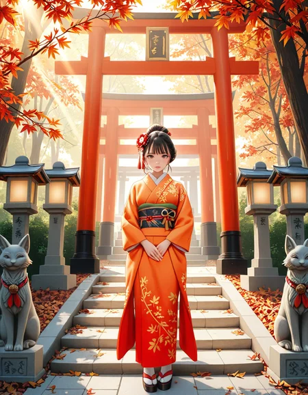 looking at viewer,A graceful Japanese woman standing in front of a traditional Inari shrine, wearing an elegant mauve kimono adorned with intricate floral patterns. Her dark hair is styled in a classic updo, decorated with delicate kanzashi hair ornaments. She has a serene and contemplative expression as she gazes towards the shrine. The scene is set in the late afternoon, with soft golden sunlight filtering through the vibrant red torii gates that create a tunnel leading to the shrine. The ground is covered with autumn leaves in warm shades of red, orange, and yellow. Stone fox statues, draped with sacred red bibs, guard the entrance, adding to the shrine's mystical aura. Traditional stone lanterns emit a soft, warm glow, enhancing the spiritual and tranquil ambiance. The background features lush greenery, contrasting with the shrineâs vivid vermillion hues. The image is in a photorealistic style, with high dynamic range lighting, capturing every intricate detail from the fabricâs texture to the play of light and shadows, evoking a sense of peace and tradition.
<lora:SDXLFaeTastic2400:0.4> <lora:extremely_detailed:0.4> extremely detailed, <lora:Inari_shr1n3:1>,Inari shr1n3, Masterpiece,best quality,hi res,8k,hi res,8k,award winning,(sharp focus, intricate, highly detailed),