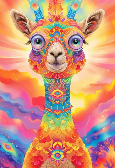 Radiant, big-eyed holy alpaca. at Sunset, abstract art by Anne Truitt, Synthetism, psychedelic colors, psychadelicchaos, psychadelic, sharp focus, highly intricate, full color, confident, intricate artistic color, handsome