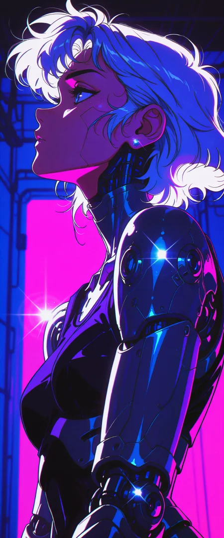 ((absurdres, high_quality, masterpiece)), (dynamic_angle, foreshortening, depth_of_field), blurry_background, (anime_coloring, flat_colors, cel-shaded), (glint, lens_flare), chromatic_aberration, scanlines, (grainy_texture:1.4), (film_grain:1.3), retro_artstyle, 1980s_\(style\), (1990s_\(style\)), vhs_artifacting, halftone, limited_palette, neon_lighting)
(D4rkR3troSc1f1, egirlpfp, solo, cyborg, robot_joints, mechanical_parts, short_hair, white_hair, profile, side_view, windswept_hair, exposed_mechanics, wires, circuitry, metal_skin, glowing, detailed_mechanical_design, android, melancholic, introspective, minimalist_background, white_background, soft_lighting, glint, backlighting, retro_artstyle, sci-fi, intricate, elegant, delicate, upper_body, high_contrast, anime_coloring)