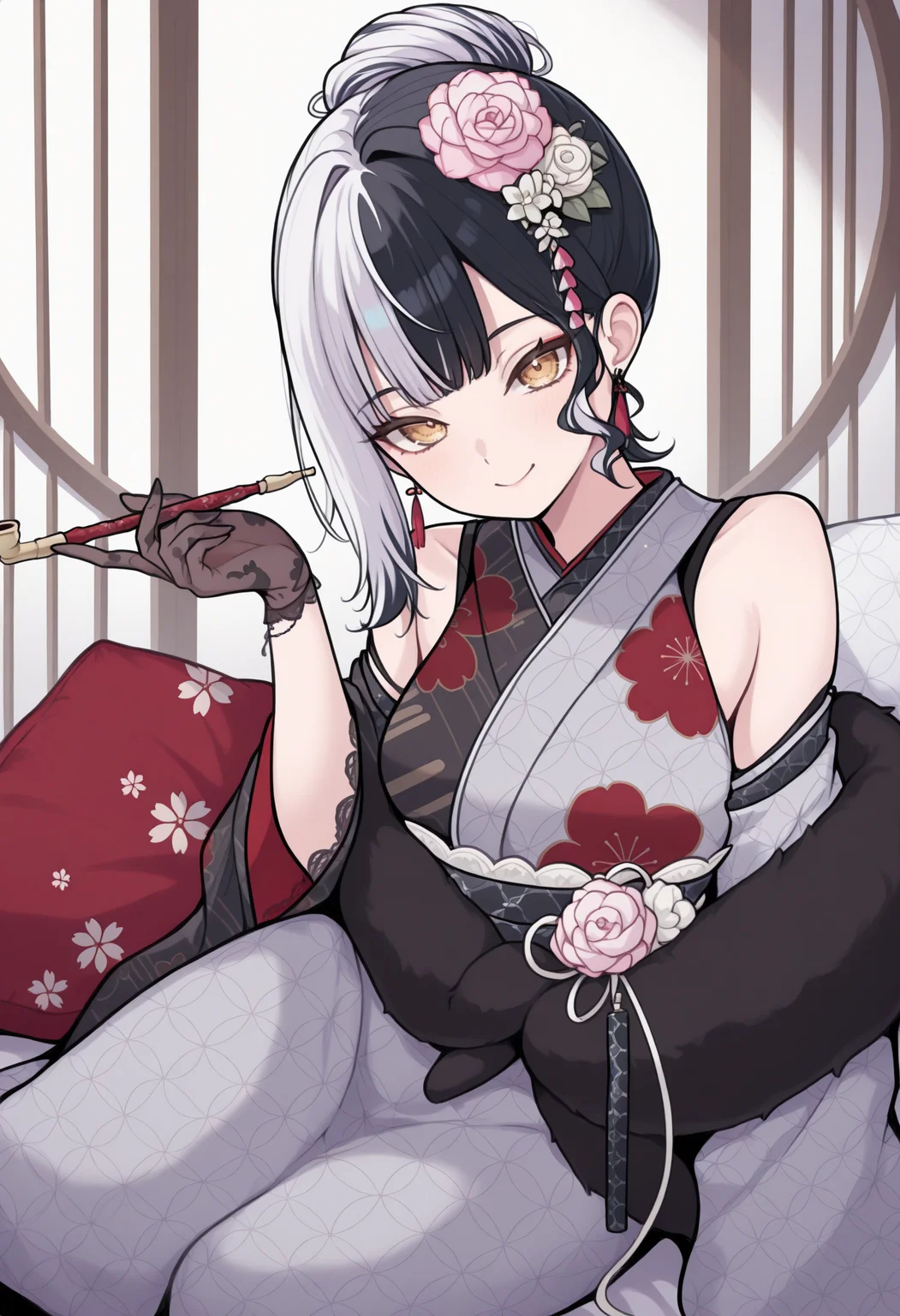 masterpiece, best quality, 1girl, solo, Shi0riNYs, multicolored hair, white hair, black hair, yellow eyes, short hair, hair bun, single sidelock, hair flower, tassel earrings, grey kimono, floral print, detached sleeves, black shawl, black lace gloves, sitting sideways, on pillow, japanese theme, holding smoking pipe, looking at viewer, smile, <lora:ChamShioriNovellaIllustriousXL:1>
