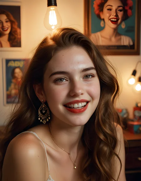 1girl, solo, looking_at_viewer, In a dimly lit, bohemian-style apartment with vintage posters and eclectic trinkets adorning the walls, we find Abby Boom, a vibrant woman in her mid-twenties, gazing intently at the viewer with a radiant smile that showcases her perfectly painted red lipstick. Her long, wavy brown hair cascades over one shoulder, framing her delicate earrings that glint in the soft glow of the lamplight. She's captured mid-laugh, her open mouth revealing a sparkle in her eyes and a hint of the freckles across her nose. The photograph, taken from a slightly elevated angle, highlights Abby's captivating beauty and free spirit, transporting the viewer into her charming world.