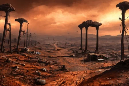 No humans, dark fantasy sci-fi horror post-apocalyptic landscape, super hyperrealistic in 8K in ultra HD,desolate urban ruins, wastelands