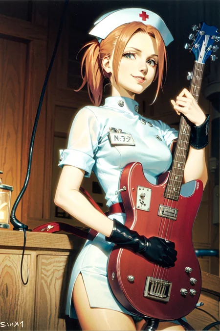 (masterpiece, best quality:1.2), haruko, flcl, nurse outfit, holding, red bass guitar, 1girl, solo, smirk, nurse outfit, large lips, ponytail, bangs, white nurse hat, white nurse outfit, surgical gloves <lora:HARUKO-15:0.8>