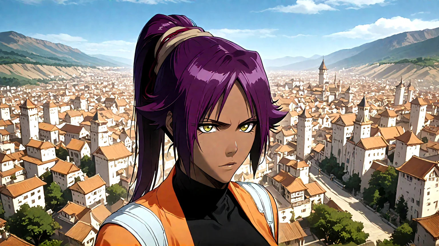 yoruichi shihouin,1girl,solo,dark-skinned female,dark skin,long hair,ponytail