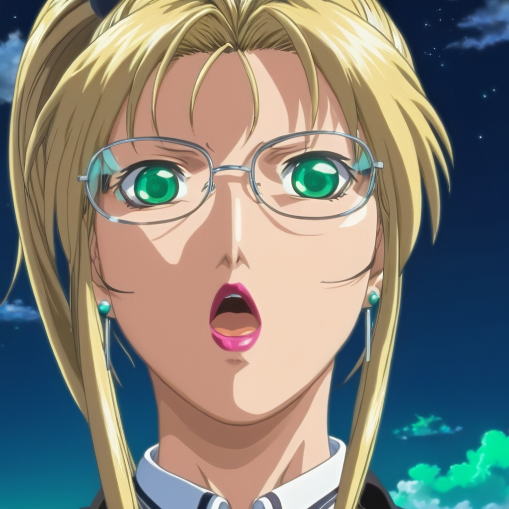 anime artwork of  <lora:Bible Black style:1>
a woman with glasses staring at something,1girl,solo,long hair,looking at viewer,open mouth,blonde hair,jewelry,green eyes,earrings,sky,glasses,cloud,night,parody,drill hair,lipstick,anime coloring eroge,anime,manga,nsfw,cartoon,Adult animation,explicit,Original video animation, Baiburu Burakku style, Bible Black style, anime style, key visual, vibrant, studio anime,  highly detailed