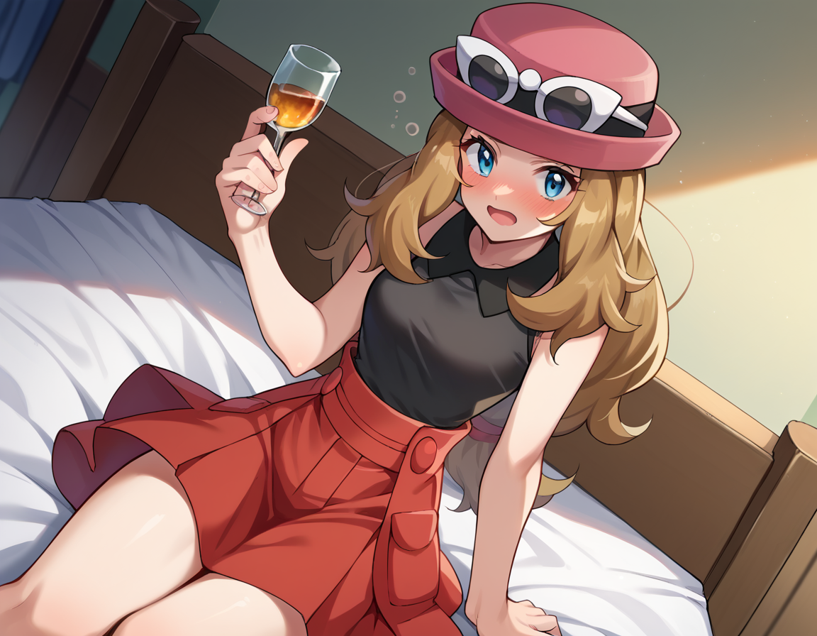 score_9, score_8_up, score_7_up, source_anime,
pokemonserena, <lora:pokemon-serena-ponyxl-lora-nochekaiser:1>
serena, long hair, blue eyes, brown hair,
eyewear on head, hat, skirt, sunglasses, shirt, black shirt, sleeveless, red skirt, pink hat,
indoors, bed, bed room, on side, blush, drunk,
looking at viewer, cowboy shot, dutch angle,