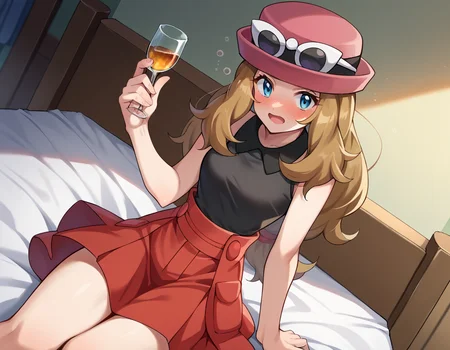 score_9, score_8_up, score_7_up, source_anime,
pokemonserena, <lora:pokemon-serena-ponyxl-lora-nochekaiser:1>
serena, long hair, blue eyes, brown hair,
eyewear on head, hat, skirt, sunglasses, shirt, black shirt, sleeveless, red skirt, pink hat,
indoors, bed, bed room, on side, blush, drunk,
looking at viewer, cowboy shot, dutch angle,