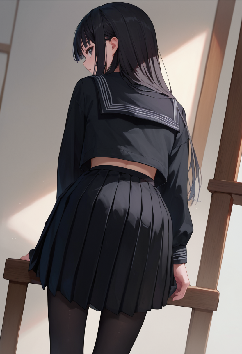score_9, score_8_up, score_7_up, 1girl, Rinne, black hair, long hair, black eyes, black serafuku, long sleeves,  black skirt, black pantyhose, from behind,    <lora:Rinne new  7-000010:1>