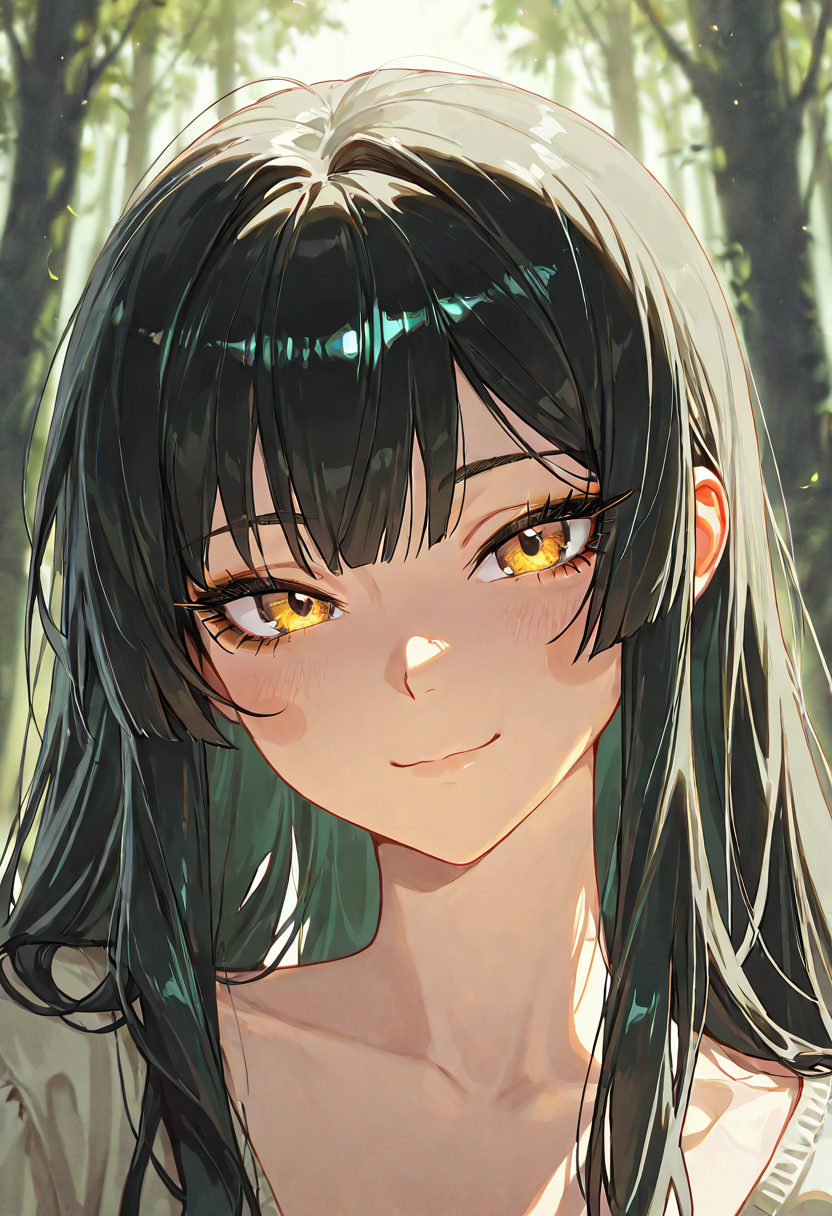 dim light, dramatic background shadow, masterpiece, high definition, high resolution, best quality, depth of field, 1girl, solo, long dark hair falling over shoulder, almond eyes, forest-green irises, gold flecks, natural eyeliner natural lashes, rosy cheeks, serene expression, gentle gaze, UwU face, looking at viewer