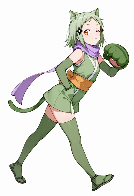 masterpiece,high quality details, absurdres,
walking pose, one hand in pocket, head slightly turned, casual stride,,
<lora:Mao_Kusagakure:0.8>
mao_cnr, 1girl, green hair, short hair,orange eyes, cat ears,cat tail,hair ornament,
ninja, japanese clothes, kimono, sleeveless kimono,purple scarf,elbow gloves,green thighhighs, sandals,paw gloves,cat paws,, ;3,, simple background, white background, sideways,solo,
