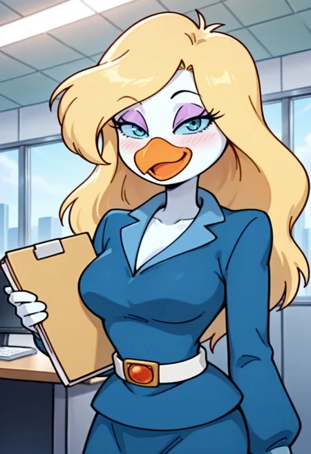 score_9,score_8_up,score_7_up,score_6_up,best quality,masterpiece, (background is office), 1girl, solo, upper body,
BREAK
gandradee, furry female, white skin, blue eyes, blue sclera, blonde hair, long hair, beak. blue jacket, looking at viewer, smile, holding folder, narrow waist, blue skirt, belt, medium breasts, halfclosed eyes, blush