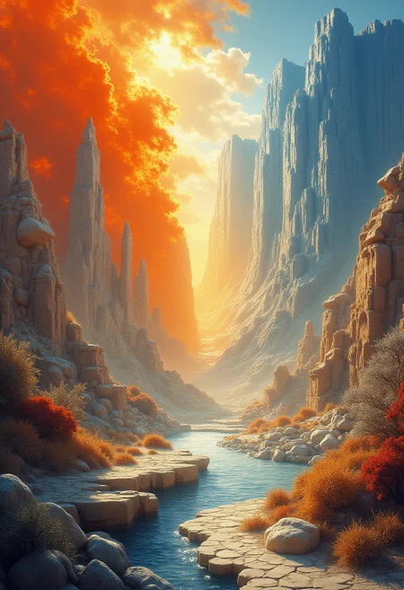 In this breathtaking piece titled "The Dance of Fire and Ice," the prolific artist Karol Bak masterfully depicts a mystical landscape where the elements collide in harmony. The use of drybrush technique creates a dreamlike atmosphere, with the light and shadow plays dancing across the canvas, evoking a sense of magic and enchantment. The cyberpop aesthetic is prominently displayed through short lighting and contrasting colors, emphasizing the surreal nature of the scene. Oil paint medium imbues the artwork with warm, earthy tones that ground it in a sense of reality while simultaneously elevating it to the status of a timeless work of art. The inclusion of ancient artifacts and antiquities in the composition adds depth and dimension to the piece, highlighting the resilience and endurance of humanity throughout the ages. The ethereal backdrop of Pashupatinath Temple, with its smooth, flowing lines, serves as the perfect stage for this celestial dance. The use of Fujicolor Superia X-TRA 400 L USM film and film grain effect enhances the timeless quality of the artwork, transporting the viewer to another era altogether. This piece is a testament to the power of art to captivate and inspire, weaving together elements of nature, myth, and imagination to create a stunning tapestry of beauty and wonder. ,<lora:Paper_Quilling_And_Layered_Paper_Style-000021.safetensors:0.4> ,