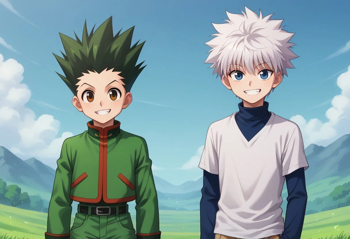 score_9, score_8_up, score_7_up, source_anime, highly detailed, 2boys
gonfreecs, 1boy, male focus, green hair, spiked hair, shorts, smile, upper body, brown eyes, belt, looking at viewer, jacket, green jacket,
killuazoldick, 1boy, male focus, shorts, white hair, blue eyes, shirt, long sleeves, layered sleeves, spiked hair, short over long sleeves, short hair, short sleeves, bangs, turtleneck, blue shirt, grey shirt,
outdoor, sky, smile, grin