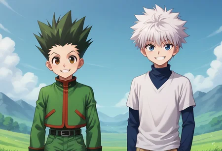 score_9, score_8_up, score_7_up, source_anime, highly detailed, 2boys
gonfreecs, 1boy, male focus, green hair, spiked hair, shorts, smile, upper body, brown eyes, belt, looking at viewer, jacket, green jacket,
killuazoldick, 1boy, male focus, shorts, white hair, blue eyes, shirt, long sleeves, layered sleeves, spiked hair, short over long sleeves, short hair, short sleeves, bangs, turtleneck, blue shirt, grey shirt,
outdoor, sky, smile, grin
