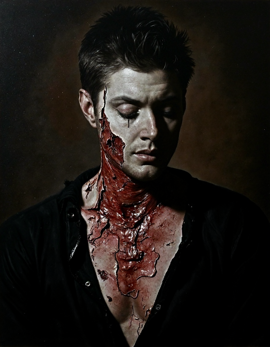 <lora:nicola_samori_ultrarealv4_00:1>  surrealism baroque oil painting art in the style of nicola samori of a Dean man standing alone in the dark, highly stylized and textured rough oil paint strokes, gaze downcast dreamily with hollow green eyes, pale completion, skin and cloth peeling off dripping down from his throat all the way down his chest in peeling blood red and bone white oil paint, his left eye is smudged and blurred, revealing the splintered wood backboard behind the painting, parted lips, dramatic lighting, black henley. The background is extremely dark, with rusted colored shadows so deep they nearly fade into complete blackness, creating a striking contrast with his fair skin.  spiked short hair. <lora:Dean_ultrarealv4_00:1>