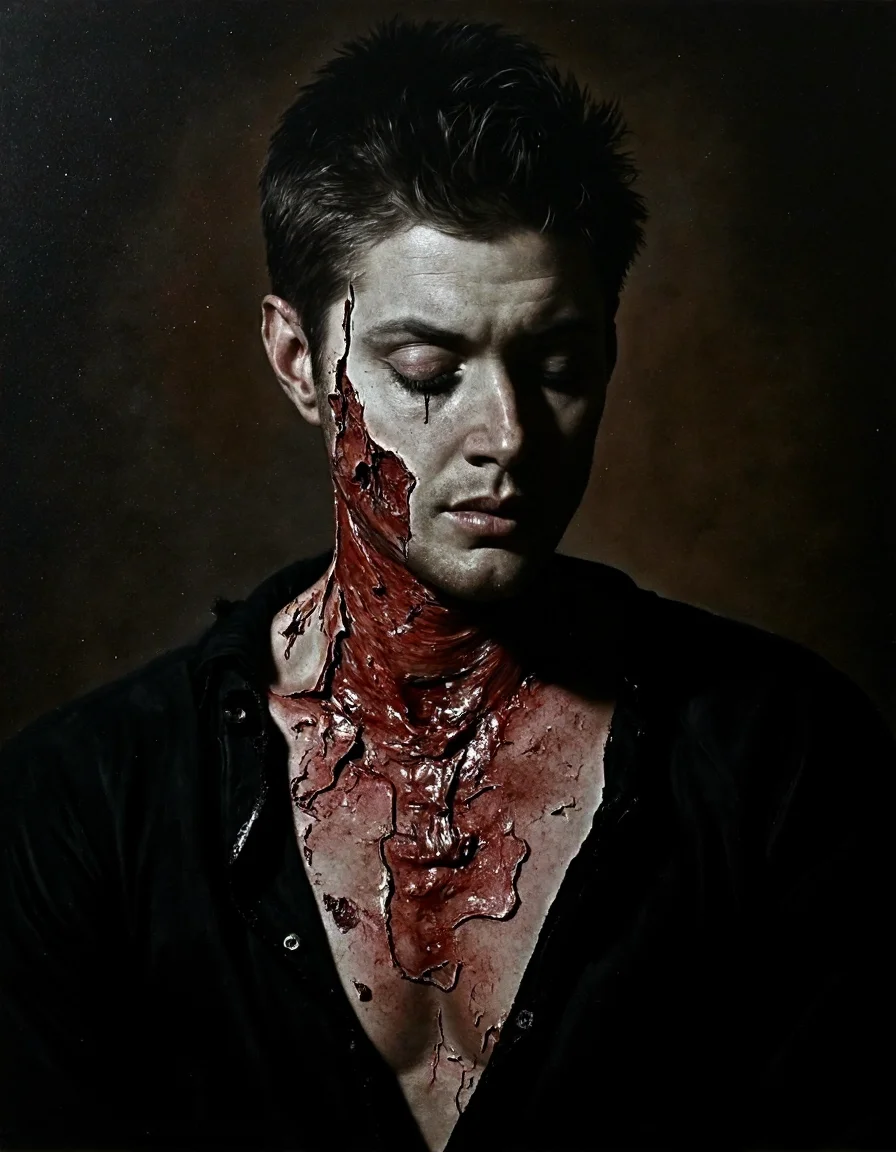 <lora:nicola_samori_ultrarealv4_00:1> surrealism baroque oil painting art in the style of nicola samori of a Dean man standing alone in the dark, highly stylized and textured rough oil paint strokes, gaze downcast dreamily with hollow green eyes, pale completion, skin and cloth peeling off dripping down from his throat all the way down his chest in peeling blood red and bone white oil paint, his left eye is smudged and blurred, revealing the splintered wood backboard behind the painting, parted lips, dramatic lighting, black henley. The background is extremely dark, with rusted colored shadows so deep they nearly fade into complete blackness, creating a striking contrast with his fair skin. spiked short hair. <lora:Dean_ultrarealv4_00:1>
