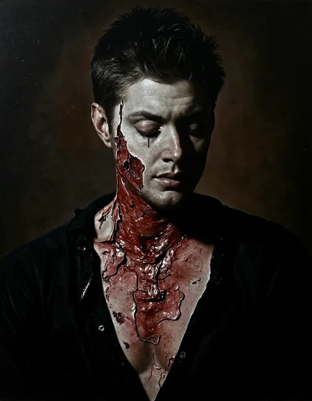 <lora:nicola_samori_ultrarealv4_00:1> surrealism baroque oil painting art in the style of nicola samori of a Dean man standing alone in the dark, highly stylized and textured rough oil paint strokes, gaze downcast dreamily with hollow green eyes, pale completion, skin and cloth peeling off dripping down from his throat all the way down his chest in peeling blood red and bone white oil paint, his left eye is smudged and blurred, revealing the splintered wood backboard behind the painting, parted lips, dramatic lighting, black henley. The background is extremely dark, with rusted colored shadows so deep they nearly fade into complete blackness, creating a striking contrast with his fair skin. spiked short hair. <lora:Dean_ultrarealv4_00:1>