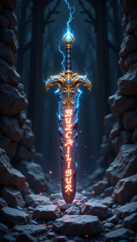 a beautiful magical sword stuck in a stone with glowing text on its blade saying "BUZZCALIBUR"
<lora:aidmaFLUXpro1.1:0.6> aidmafluxpro1.1 <lora:PinkieEnchantedMJFLUX:0.6> pinkenchantedmj <lora:Hand v2:0.45>âââ