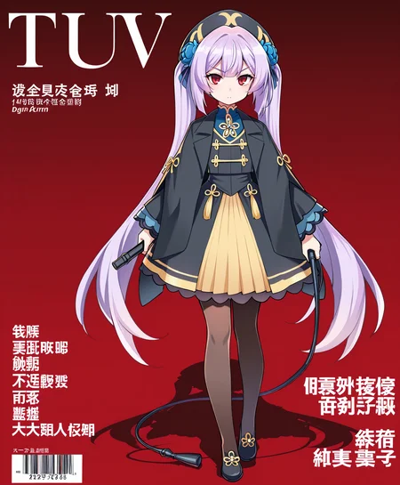 (masterpiece), (best quality), (ultra-detailed), (best illustration), (best shadow), (absurdres), (detailed background), (very aesthetic), 1girl, solo, <lora:Dong_Bai:1>, Dong Bai, red eyes, lavender hair, very long hair, black hat beret, twintails, blue hair flower, hair ornament, black capelet, black chinese clothes, skirt, pantyhose, shoes, full body, looking at viewer, standing, holding whip, fake magazine cover, chinese text, logo, magazine cover, chinese background, evil grinm red background