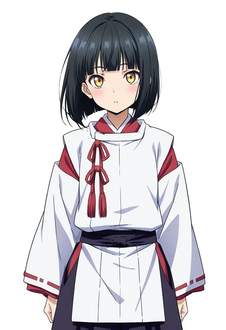 masterpiece, best quality, absurdres, detailed skin, detailed eyes, detailed face, anime colored, anime screencap, anime colored,
1 girl, medium hair, bob cut, black hair, yellow eyes, blunt bangs,
<lora:kariginu:1>, ((kariginu)), hakama skirt, long sleeves,
((white background)),
