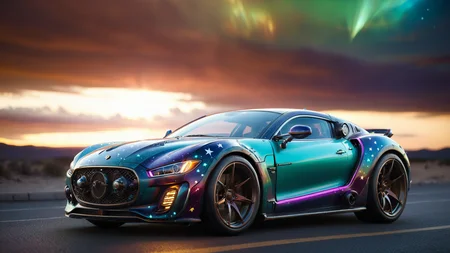 Hyperrealistic art A sci-fi future sportscar in a random colours chameleon paint that changes colors with the light, passing by at light speed. (The camera is positioned from the front:1.3), capturing the neon flash and motion trail of the car, (In the background, a futuristic cityscape with towering skyscrapers and neon lights is visible on the horizon, blending seamlessly with a starry sky filled with cosmic art and glowing stars:1.3), The scene is enhanced by motion blur, epic visual effects, interstellar flow, and detailed scifi elements, The dark, vibrant colors of the car contrast with the expansive night sky, illuminated by star blasts and lens flares, The full moon night is stormy, with lightning adding dramatic lighting to the scene, The overall composition is ultra detailed with a shallow depth of field and a rich, detailed background, rendered in dark noir style with HDR, RAW quality, ray tracing reflections, sharp focus, and ultra realism.
<lora:dreamcolor:0.3> <lora:style:0.3> <lora:EDG_-_Test_Lora:0.3> <lora:SDXLHighDetail_v5:1> <lora:LowRA:1> <lora:ste4mpunk:1> . Extremely high-resolution details, photographic, realism pushed to extreme, fine texture, incredibly lifelike