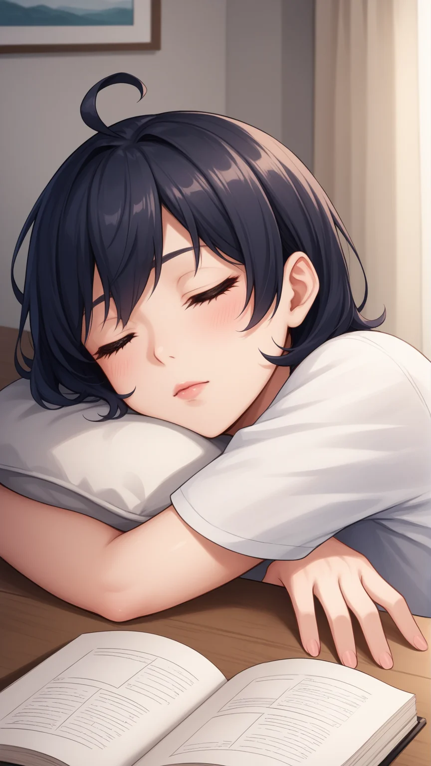score_9, score_8_up, score_7_up, BREAK source_anime, best quality, masterpiece, ultra detailed,
<lora:Everlasting_Summer_Zhenya_by_GraffMetal:0.7>, zhenya, short hair, ahoge, black hair, 1girl, solo
pink lips,
sleeping, head on the table, closed eyes, 
amazing background, indoors,