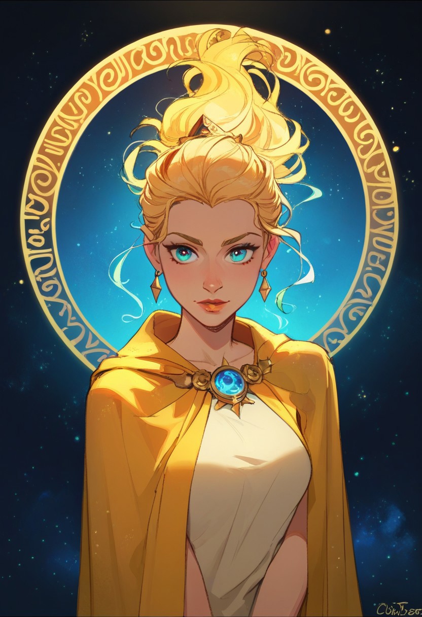 score_9, score_8_up,  score_8_up, 1woman, 
fantasy astrologer, zodiac outfit, dark room, golden cape,  cosmic curtains, taro, constellations, golden colors, blue colors,