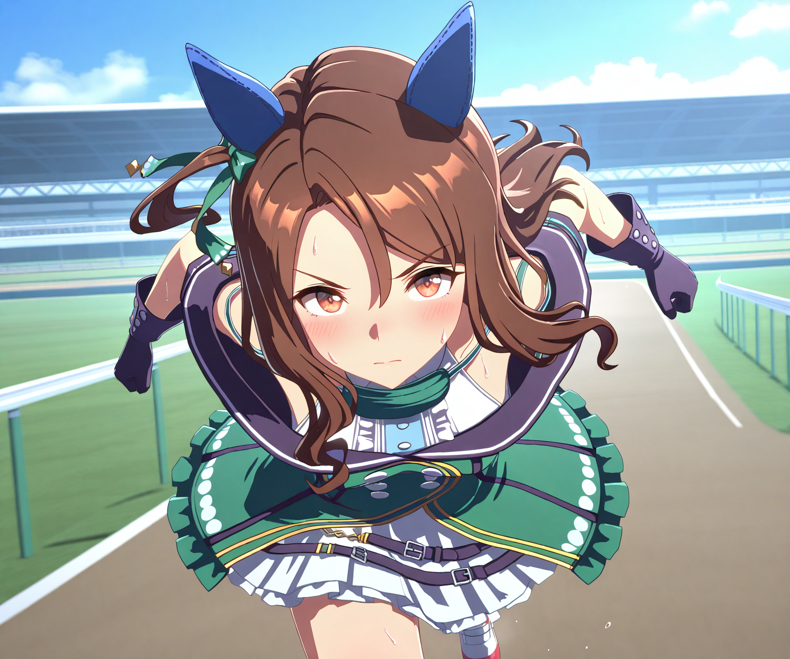 masterpiece, best quality, amazing quality, , 1girl, solo, umamusume, racetrack, running, sweatdrop, sweat, serious,    <lora:King Halo in game style 3D ILL-v2:1> ummsmingame, 3d, king halo \(umamusume\),
