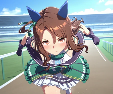 masterpiece, best quality, amazing quality, , 1girl, solo, umamusume, racetrack, running, sweatdrop, sweat, serious, <lora:King Halo in game style 3D ILL-v2:1> ummsmingame, 3d, king halo \(umamusume\),