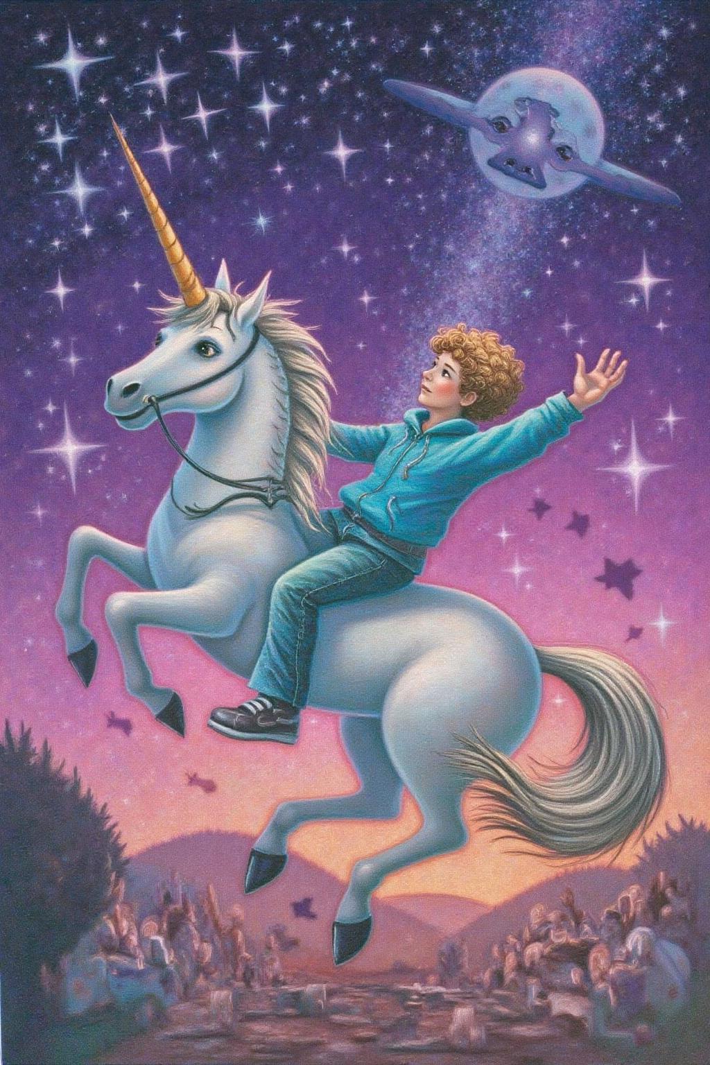 magr1 illustration.
A boy riding a unicorn. The background is a gradient of deep purples and pinks, filled with numerous white, glowing stars, giving it a cosmic, otherworldly appearance. The boy has curly blonde hair and is dressed in a blue hoodie and jeans. <lora:magr1_cap_d6a3e12:1.0><lora:828044895810778799:0>