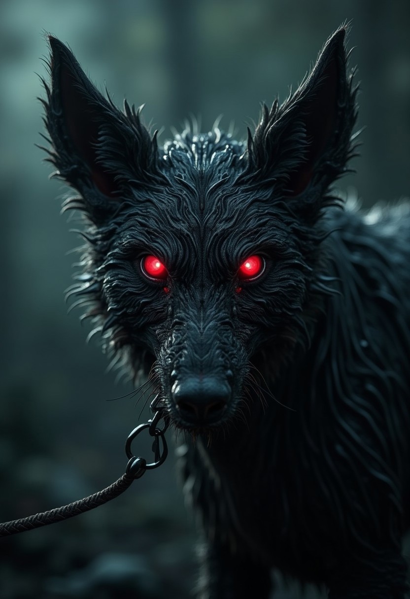 Horror Realism, dark fantasy, Photorealistic closeup of freak on a leash with bright red eyes, strange extraterrestrial futuristic outdoors environment background, dark, shadows, intricate design, photorealistic, hyperrealistic, high definition, extremely detailed, cinematic, UHD, HDR, 32k, ultra hd, realistic, vivid colors, highly detailed, perfect composition, beautiful detailed intricate insanely detailed octane render, trending on artstation, artistic photography, concept art, soft cinematic dark light, close-up, hyper detailed, horror show, monster, nightmare,  fear