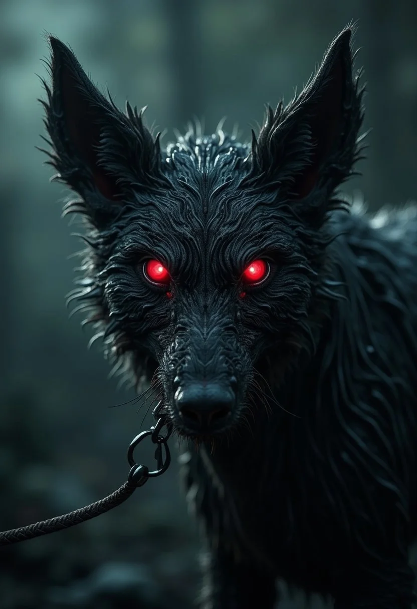 Horror Realism, dark fantasy, Photorealistic closeup of freak on a leash with bright red eyes, strange extraterrestrial futuristic outdoors environment background, dark, shadows, intricate design, photorealistic, hyperrealistic, high definition, extremely detailed, cinematic, UHD, HDR, 32k, ultra hd, realistic, vivid colors, highly detailed, perfect composition, beautiful detailed intricate insanely detailed octane render, trending on artstation, artistic photography, concept art, soft cinematic dark light, close-up, hyper detailed, horror show, monster, nightmare,  fear