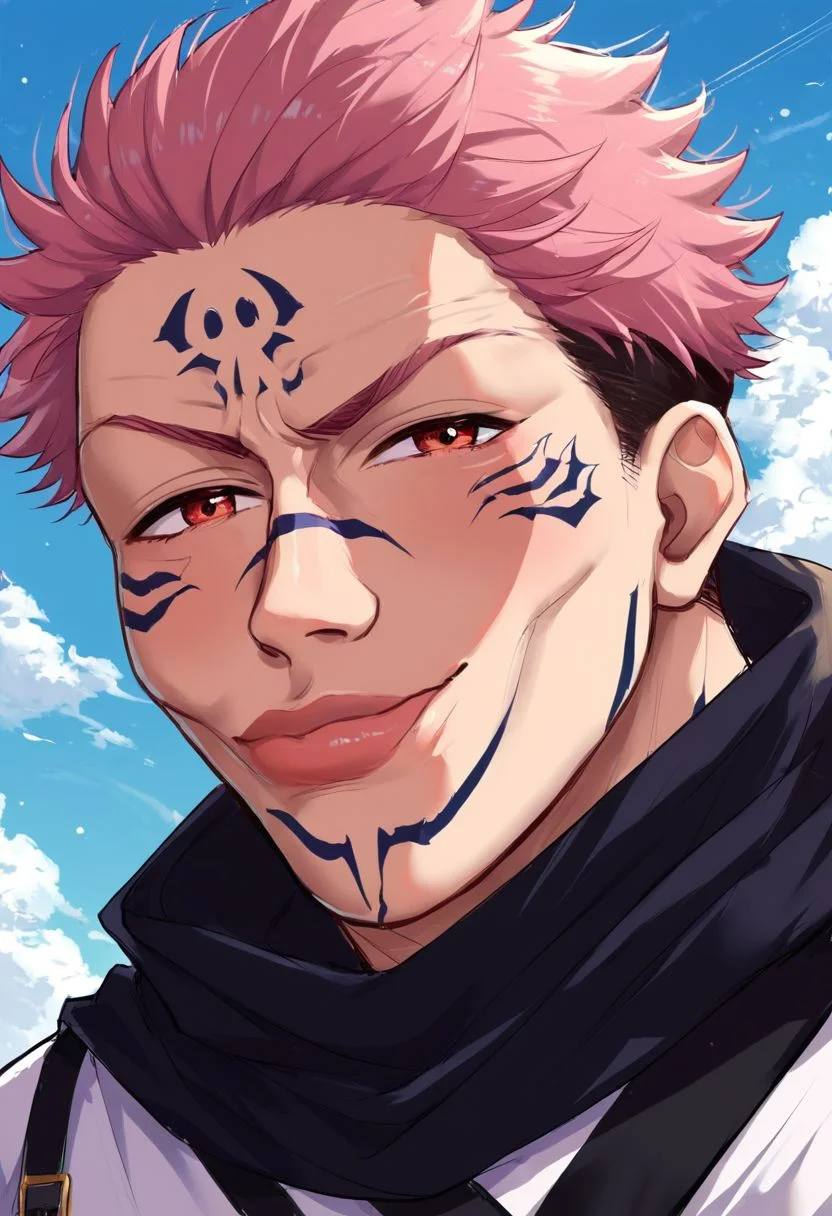 score_9_up, score_8_up, score_7_up, score_6_up, score_5_up, score_4_up, rating_safe, high detail, best quality, absurd res,
BREAK, source_anime, SkylerWhiteYo, closed mouth, smile, <lora:KzyGuyMeme:1>, blue sky, upper body, solo, male focus, 1boy, ryomen sukuna, facial tattoo, extra eyes, smirk, looking at viewer, white kimono, black scarf, <lora:jjk_sukuna_ponyXL:1>