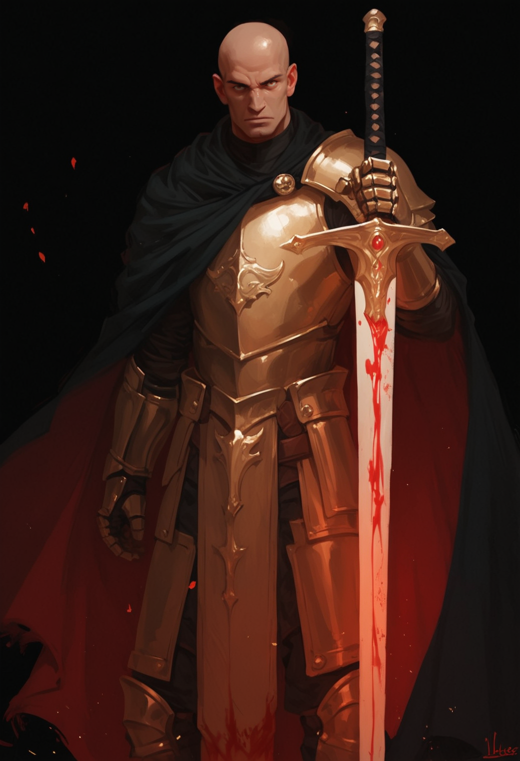 bald, weapon, armor, sword, 1boy, solo, male focus, holding, holding weapon, cape, holding sword, gauntlets, breastplate, signature, standing, looking at viewer, glowing, black cape, artist name, shoulder armor, blood, closed mouth, embers, pauldrons, black background,, zPDXL3, detailxl,  Score_PnyReal, (lineless:1.5)