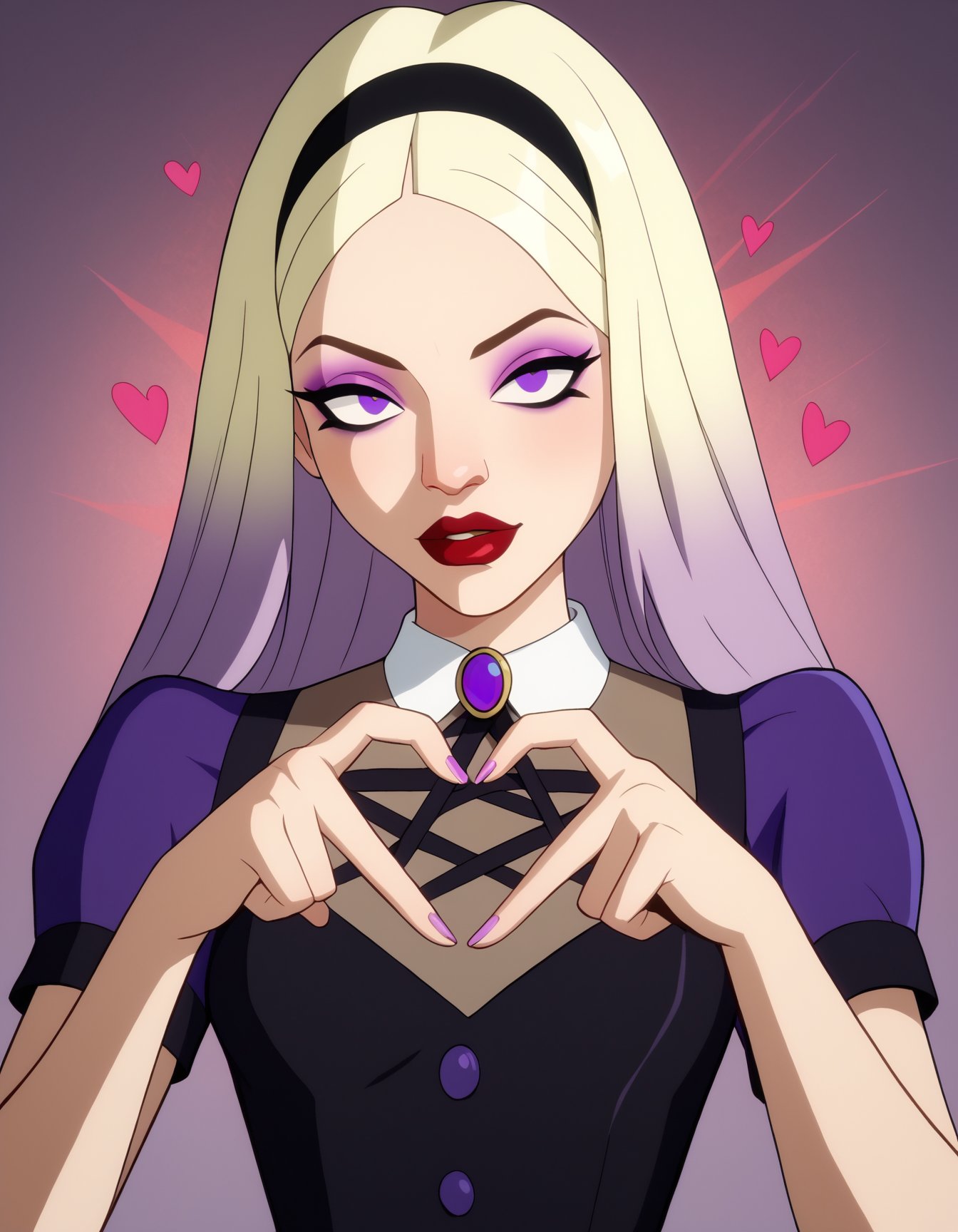 score_9, score_8_up, score_7_up, score_6_up BREAK, heart fingers, heart hands,1girl, blonde hair, black hairband, nose, makeup, red lips, purple eyes, long hair, gradient hair, dress, puffy short sleeves, thighhighs, mal1c3-dh <lora:add-detail-xl:0.5> <lora:Malice_-_Kite_Man:0.7> <lora:Heart_Fingers__Concept_Lora:1>