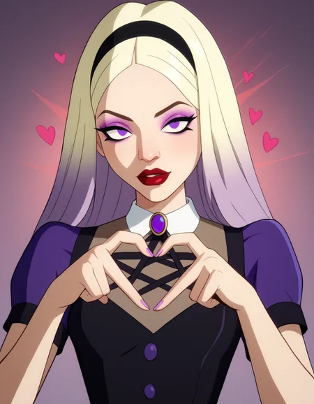 score_9, score_8_up, score_7_up, score_6_up BREAK, heart fingers, heart hands,1girl, blonde hair, black hairband, nose, makeup, red lips, purple eyes, long hair, gradient hair, dress, puffy short sleeves, thighhighs, mal1c3-dh <lora:add-detail-xl:0.5> <lora:Malice_-_Kite_Man:0.7> <lora:Heart_Fingers__Concept_Lora:1>