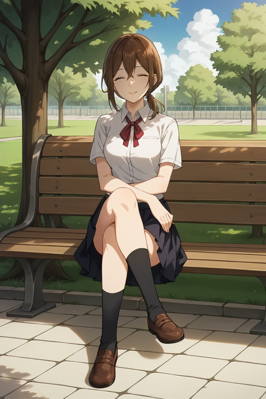 score_9, score_8_up, score_7_up, source_anime, 1girl, prefect lighting, very aesthetic, intricate details, highly detailed background, masterpiece, high quality, prefect hands, solo, best quality,
<lora:Yuriko_Hori_young_V1:.75>, brown hair, medium hair, hair between eyes, closed eyes, brown eyes, low ponytail, straight hair,
school uniform, black skirt, short sleeves,
Sitting, bench, crossed legs, smile, parted lips,
sunny, park, sidewalk, stone floor, grass, tree, cloudy sky,
(Beautiful, medium Breasts:1.2), natural breasts,