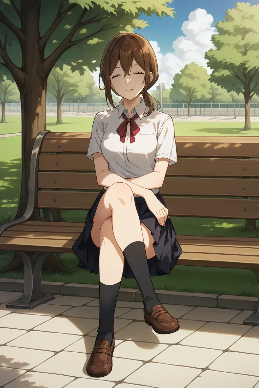 score_9, score_8_up, score_7_up, source_anime, 1girl, prefect lighting, very aesthetic, intricate details, highly detailed background, masterpiece, high quality, prefect hands, solo, best quality,
<lora:Yuriko_Hori_young_V1:.75>, brown hair, medium hair, hair between eyes, closed eyes, brown eyes, low ponytail, straight hair,
school uniform, black skirt, short sleeves,
Sitting, bench, crossed legs, smile, parted lips,
sunny, park, sidewalk, stone floor, grass, tree, cloudy sky,
(Beautiful, medium Breasts:1.2), natural breasts,