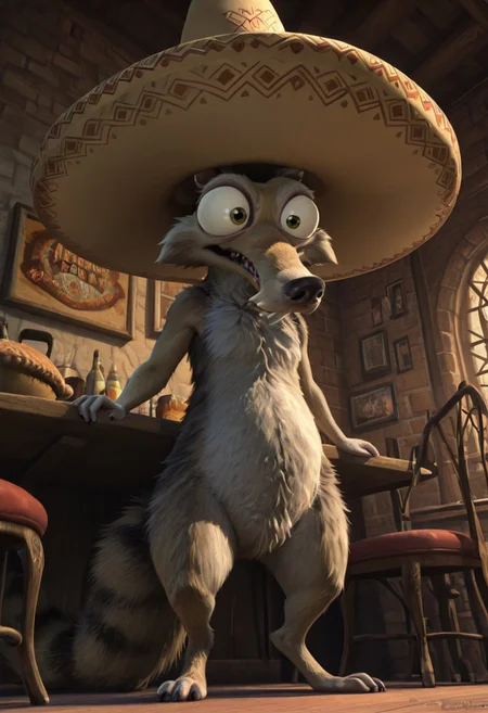 Masterpiece, absurdres, Scrat, solo, long snout, bushy tail, striped tail, bulging eyes, wearing a giant sombrero, mexican restaurant background