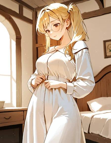 perfect quality, best quality, masterpiece, 1girl, solo, mature female, bedroom, fantasy,
palomakaches, blonde hair, brown eyes, round eyewear, side ponytail, medium breasts,
<lora:palomakaches 1.0:1>
artist:oyuyu,
<lora:edgEuropeanVintageILS:0.8> wearing edgEV, white dress, adjusting clothes, looking down.