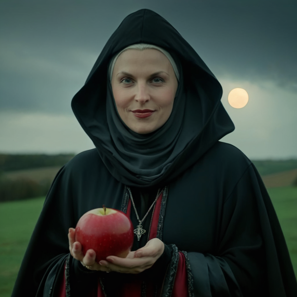 cinematic film still of  <lora:Evil Queen v3:1> sharp detailed cinematic film look of 
Evil Queen a medium shot of an old evil witch woman in a black robe and black hoodie holding a red apple with her perfect hand while smiling evil to the camera with dark grey background sky and perfect moonlight 1500s  15th century, shallow depth of field, vignette, highly detailed, high budget, bokeh, cinemascope, moody, epic, gorgeous, film grain, grainy