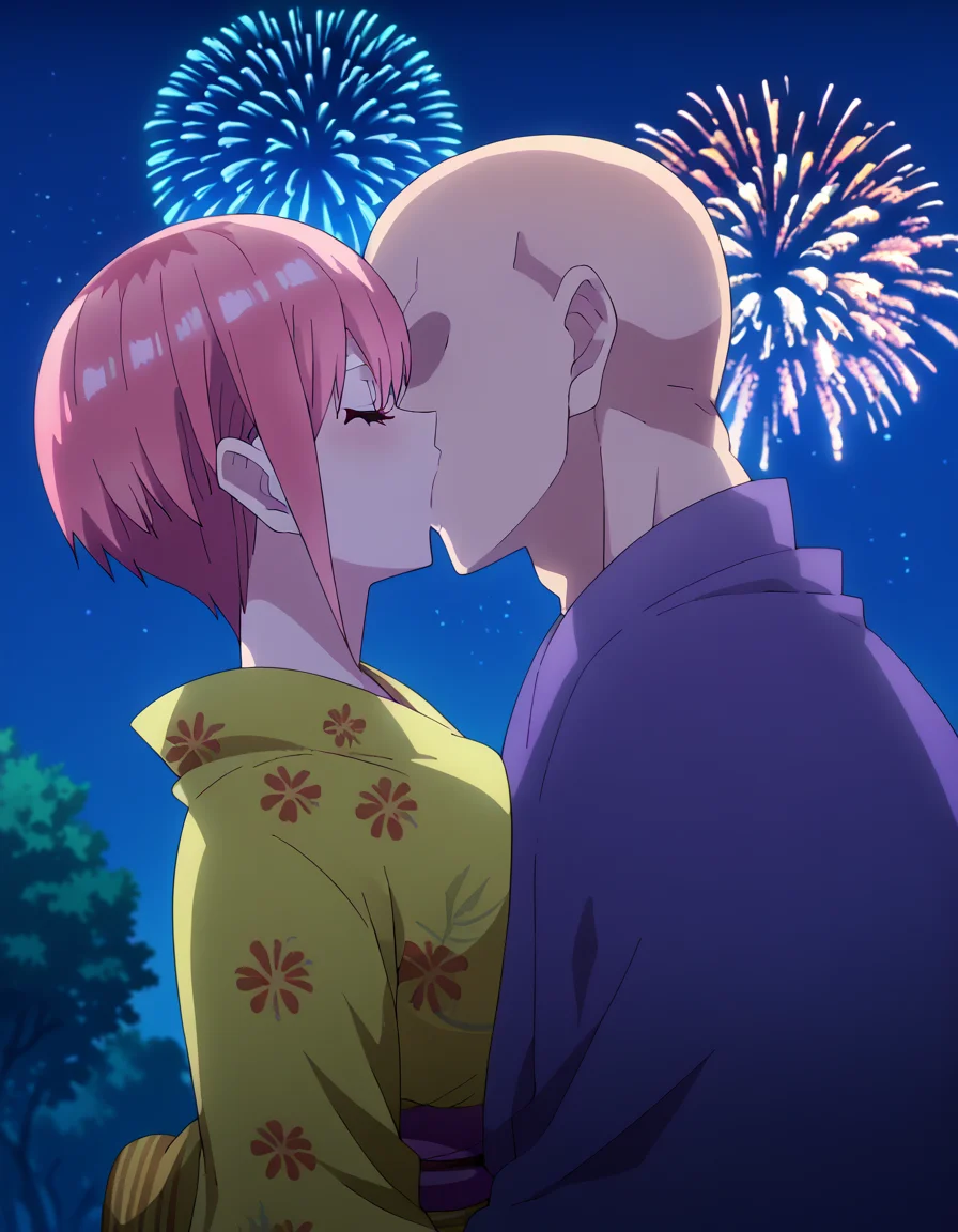 score_9, score_8_up, score_7_up, source_anime, <lora:ichika-nakano-s2-ponyxl-lora-nochekaiser:1>, ichika nakano, short hair, bangs, pink hair, pixie cut, large breasts, anime screencap, <lora:fireworks-kiss-ponyxl-lora-nochekaiser:1>, fireworks kiss, kiss, hetero, outdoors, japanese clothes, kimono, sash, night, floral print, couple, kiss, night sky, yukata, fireworks, aerial fireworks, <lora:faceless-ugly-man-ponyxl-lora-nochekaiser:1>, faceless ugly man, faceless, ugly man, fat, faceless male, fat, bald, mature male,,