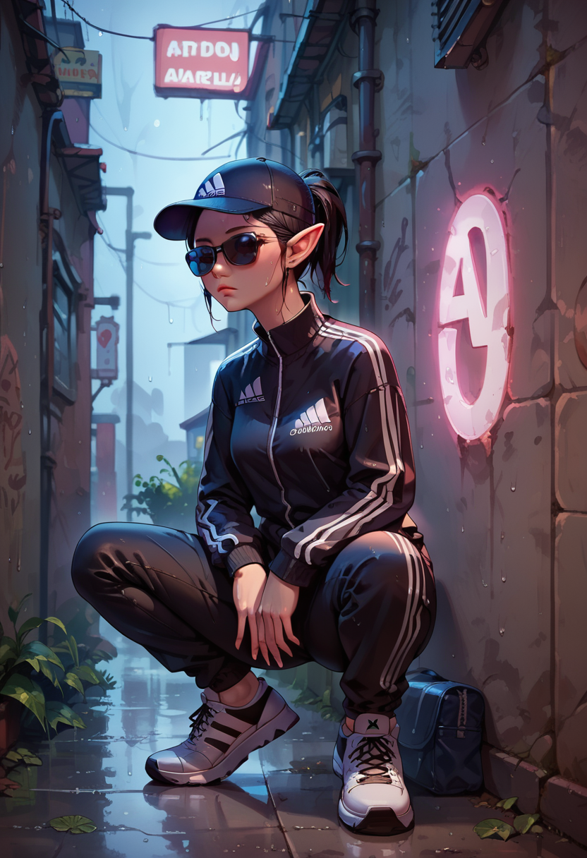 score_9, score_8_up, score_7_up, 1girl, solo, SulfS-S3B1LL3,
pointy ears, black hair, short hair, low ponytail, brown eyes,
skinny, tall,
black track suit, adidas, squatting, black cap, white stripes, black sunglasses,
alleyway, rain,
<lora:Sebille_Kaleran_Divinity_Original_Sin_2-000003:0.7>  <lora:g0th1c2XLP:1> g0th1c, glowing, neon lights