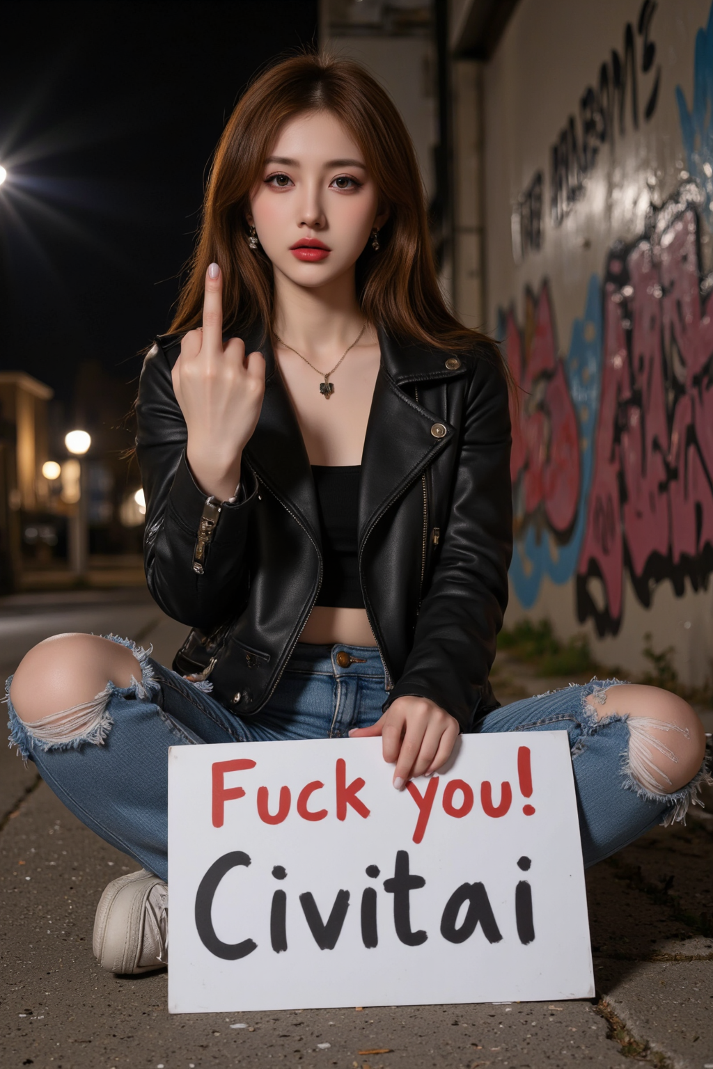 <lora:MiddleFingerV4_rank4_bf16:1>, A close-up of an angry young Korean woman with rebellious fashion, wearing a leather jacket, ripped jeans, and bold accessories. She is standing in front of a graffiti-covered wall, flipping the middle finger at the camera. On the ground in front of her is a sign that reads 'Fuck you! Civitai' in bold letters. The background is dark and moody, with dim lighting highlighting the vibrant graffiti and the rebellious atmosphere. The expression on her face is intense and unapologetic.âââ