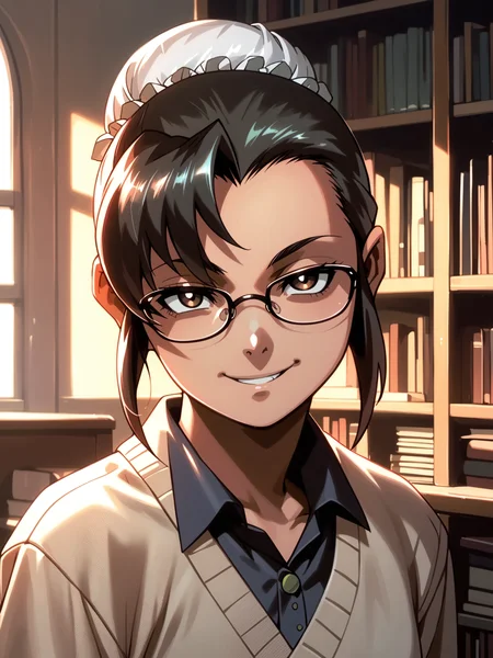 <lora:happy_tentacle-fabiola-v0.2-000026:1>, ht_fabiola, single hair bun, small breasts, , (upper body, solo:1.1) (petite:1.2), <lora:Shed_The_Skin's StS_age_slider_v1_initial_release:-1.1> (smile, half-closed eyes, head tilt, (looking at another:1.2) :1.1) , indoors, ((dusk :0.6), (blue sky:0.6) :0.8), ( :0.9), (furniture:0.9), , , , , ( :0.8), library, librarian, shirt, skirt, cardigan, under-rim eyewear, glasses ( :0.8) score_9, score_8_up, score_7_up, score_6_up, score_5_up, score_4_up, [(realistic, photorealistic:1.3):(realistic:1.3):14], [(3d:1.2)::12], <lora:LUUNA's Lunas-NijiJourney-SDXL-B2:0.35>, nijijourney <lora:prgfrg23's Counterfeit-V3.0 Style SDXL_LoRA_Pony Diffusion V6 XL:0.35> <lora:mfcg's mfcgXL:0.12> <lora:reweik's gyokai(himehajime)_PonyXL_style_v01:0.14>